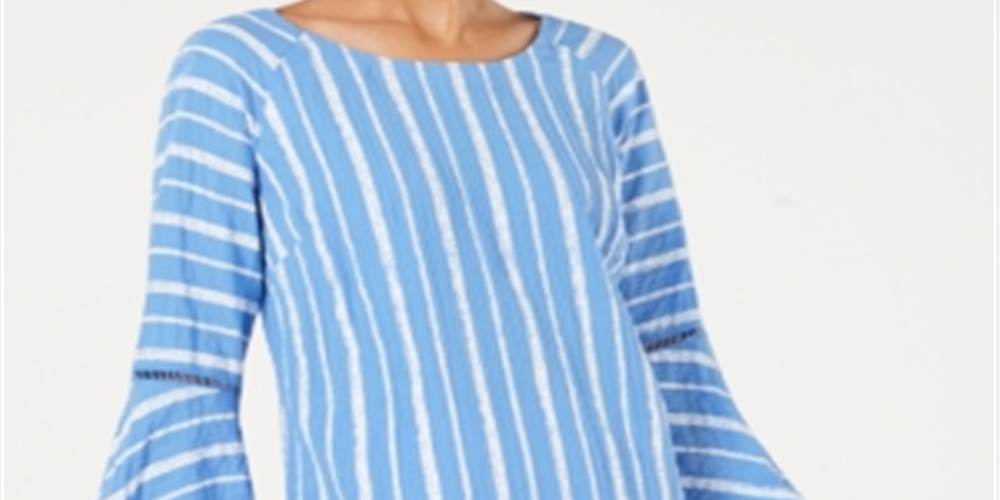 JM Collection Women's Bell Sleeve Crinkle Top Blue Size Petite Medium