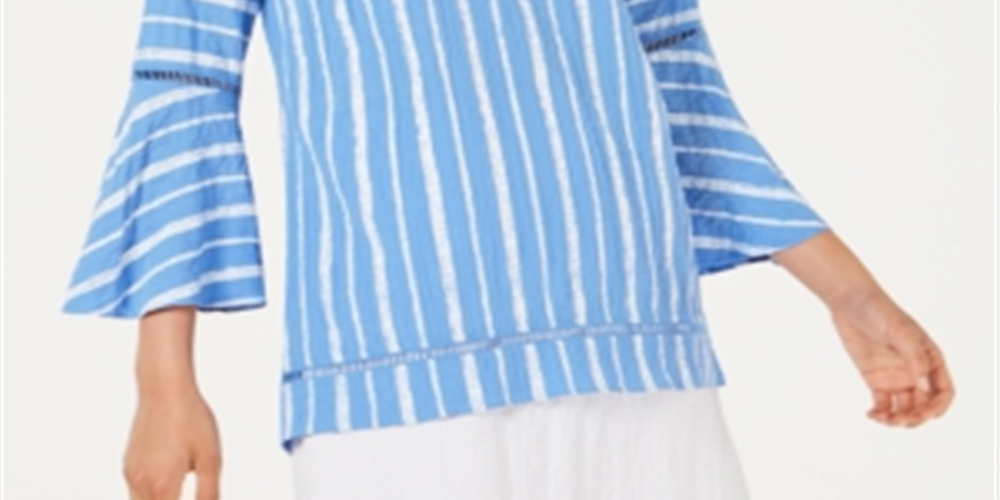 JM Collection Women's Bell Sleeve Crinkle Top Blue Size Petite Medium