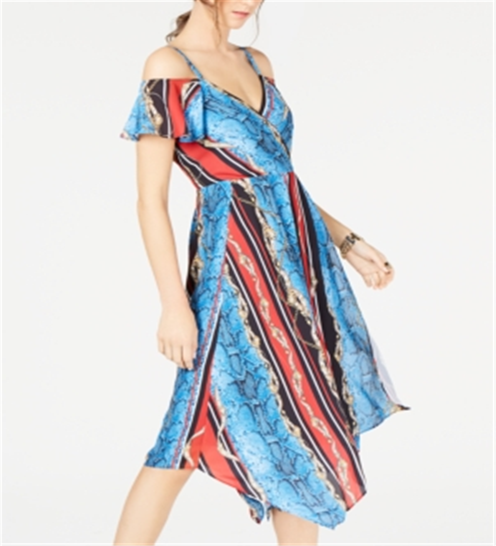 INC International Concepts Women's Printed Cold Shoulder Dress Blue Size 6 Petite