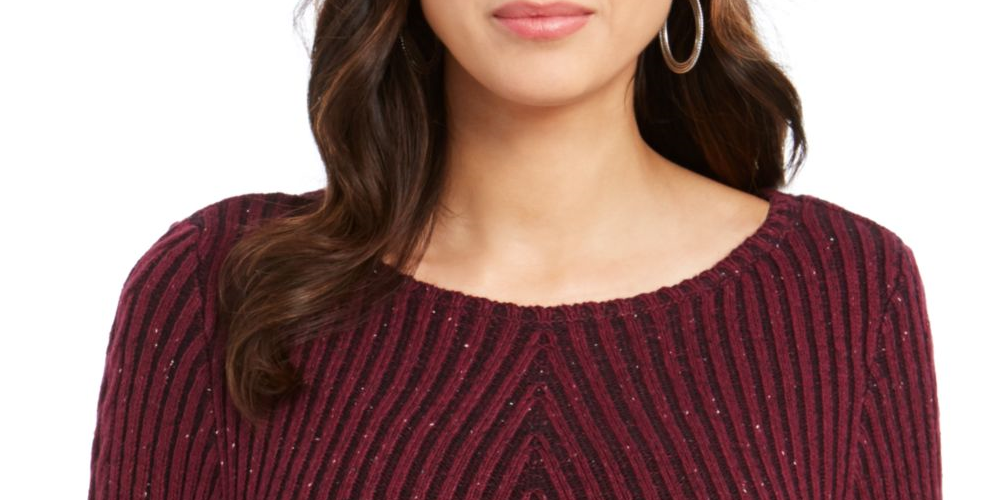 Style & Co Women's Textured Speckle Long Sleeve Jewel Neck T-Shirt Sweater Red Size Petite X-Large