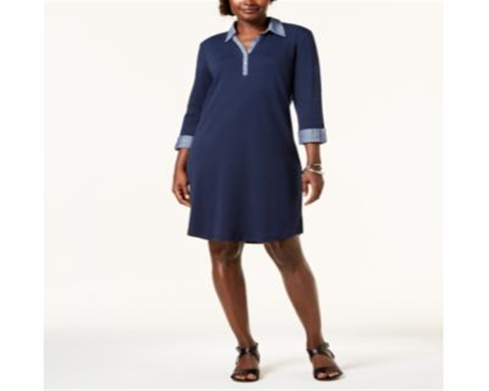 Karen Scott Women's Contrast Trim Cotton Shirtdress Blue Size Petite Small