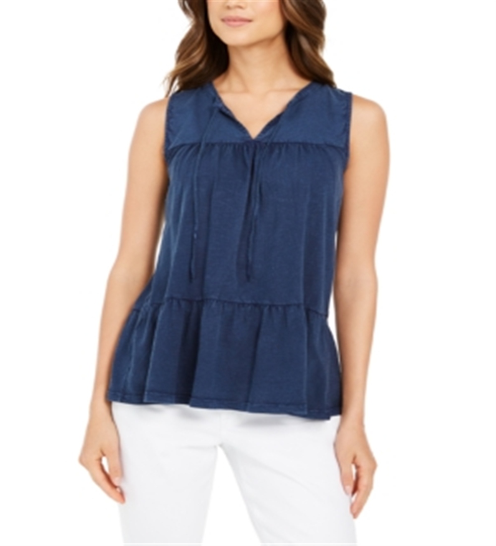 Style & Co Women's Cotton Sleeveless Peasant Top Blue Size Small
