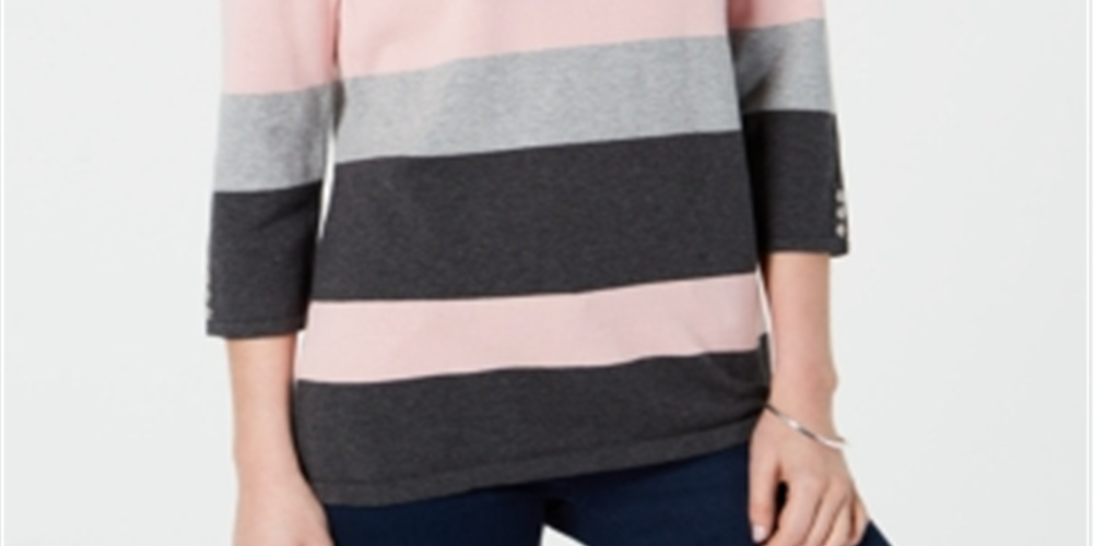 Karen Scott Women's Cotton Striped Sweater Pink Size Petite Large