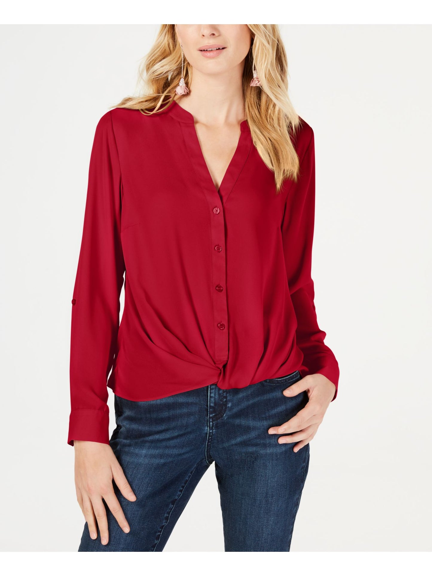 INC International Concepts Women's New Tie V Neck Long Sleeve Button up Casual Top Red Size Petite Small
