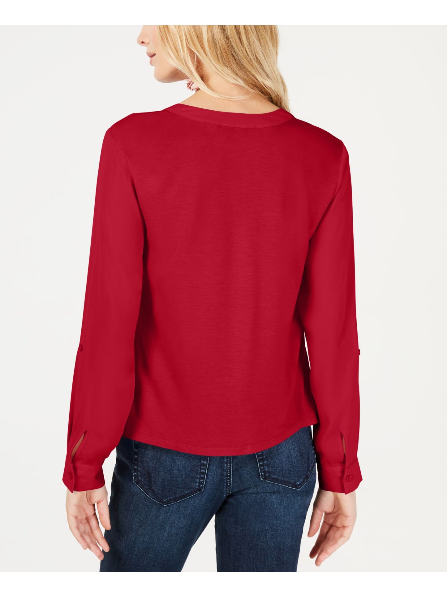 INC International Concepts Women's New Tie V Neck Long Sleeve Button up Casual Top Red Size Petite Small