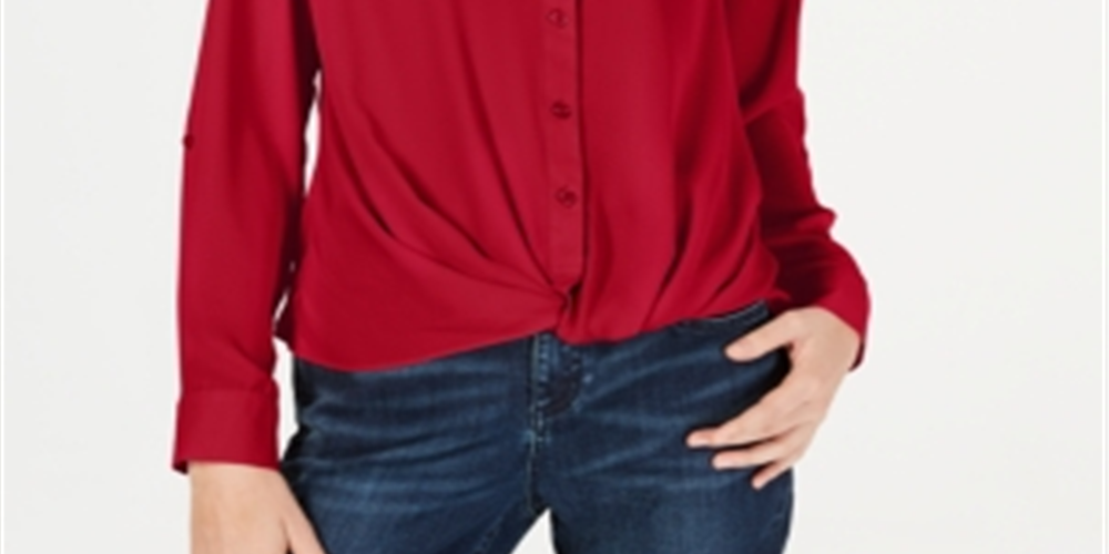 INC International Concepts Women's New Tie V Neck Long Sleeve Button up Casual Top Red Size Petite Small