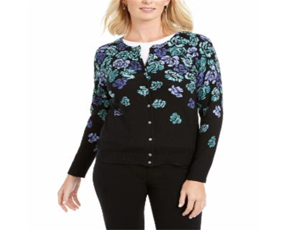 Karen Scott Women's Serenity Floral Print Cardigan Blue Size Medium