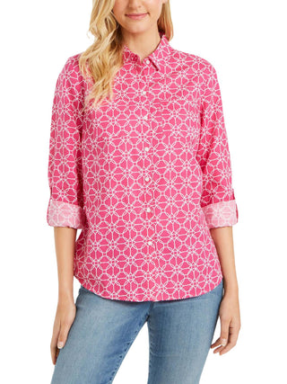 Charter Club Women's Linen Collared Button Down Top Pink Size Medium