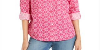 Charter Club Women's Linen Collared Button Down Top Pink Size Medium