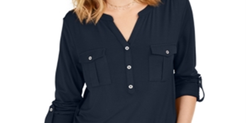 Style & Co Women's Split Neck Roll Tab Sleeve Top  Red Size X-Small