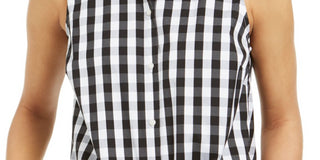 Charter Club Women's Gingham Print Tie Hem Shirt Black Size 16