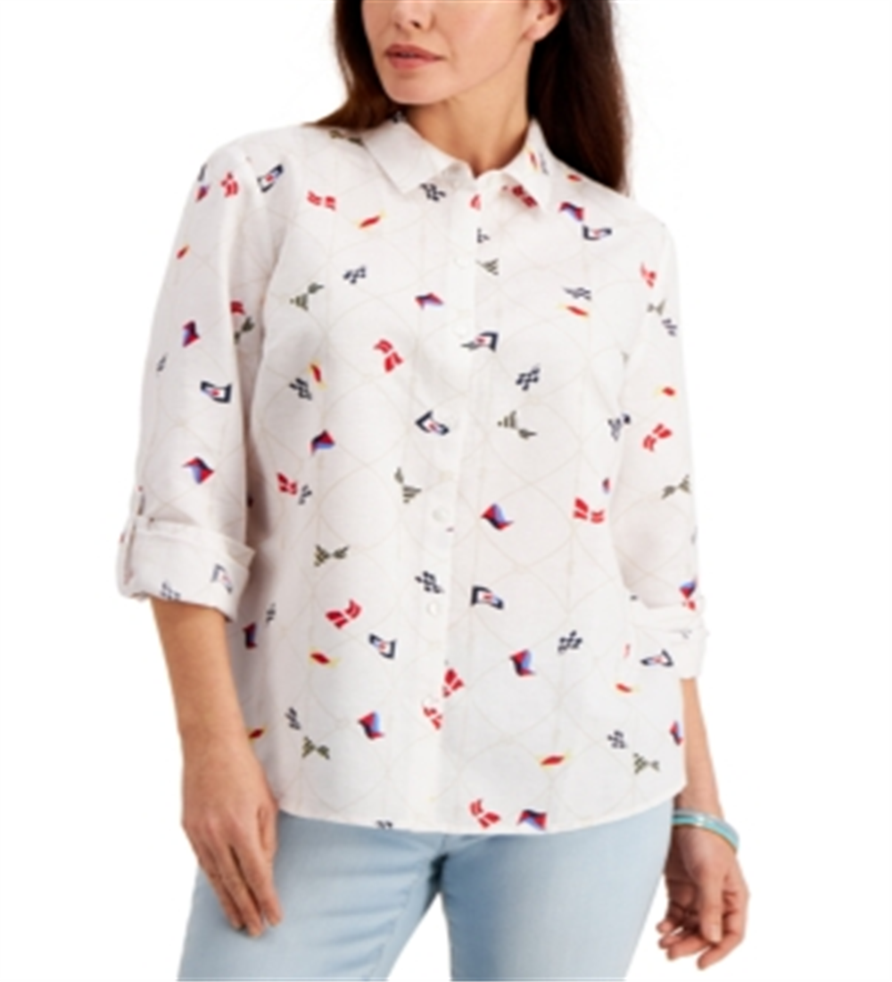 Charter Club Women's Linen Nautical Print Blouse White Size Large