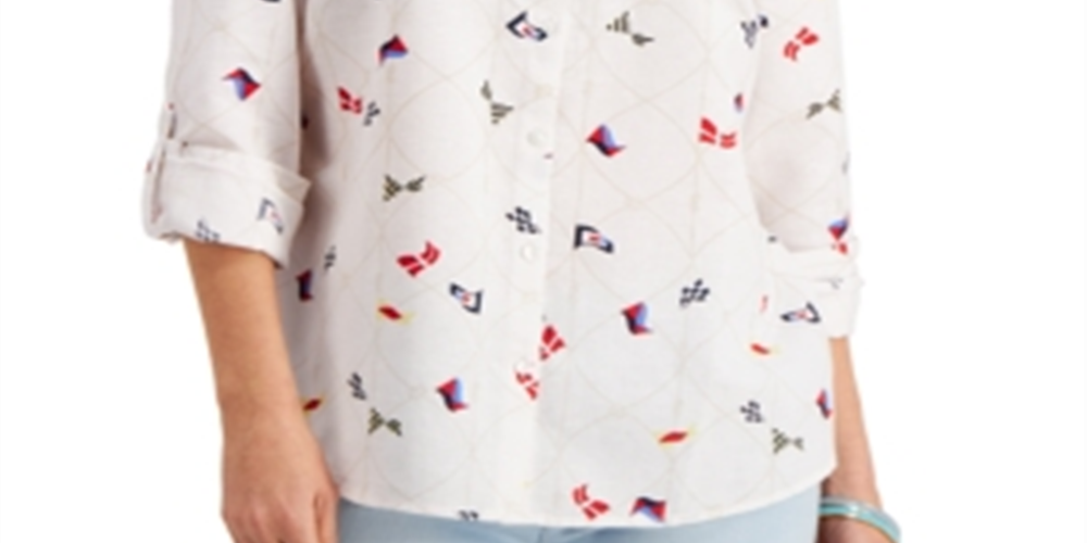 Charter Club Women's Linen Nautical Print Blouse White Size Large