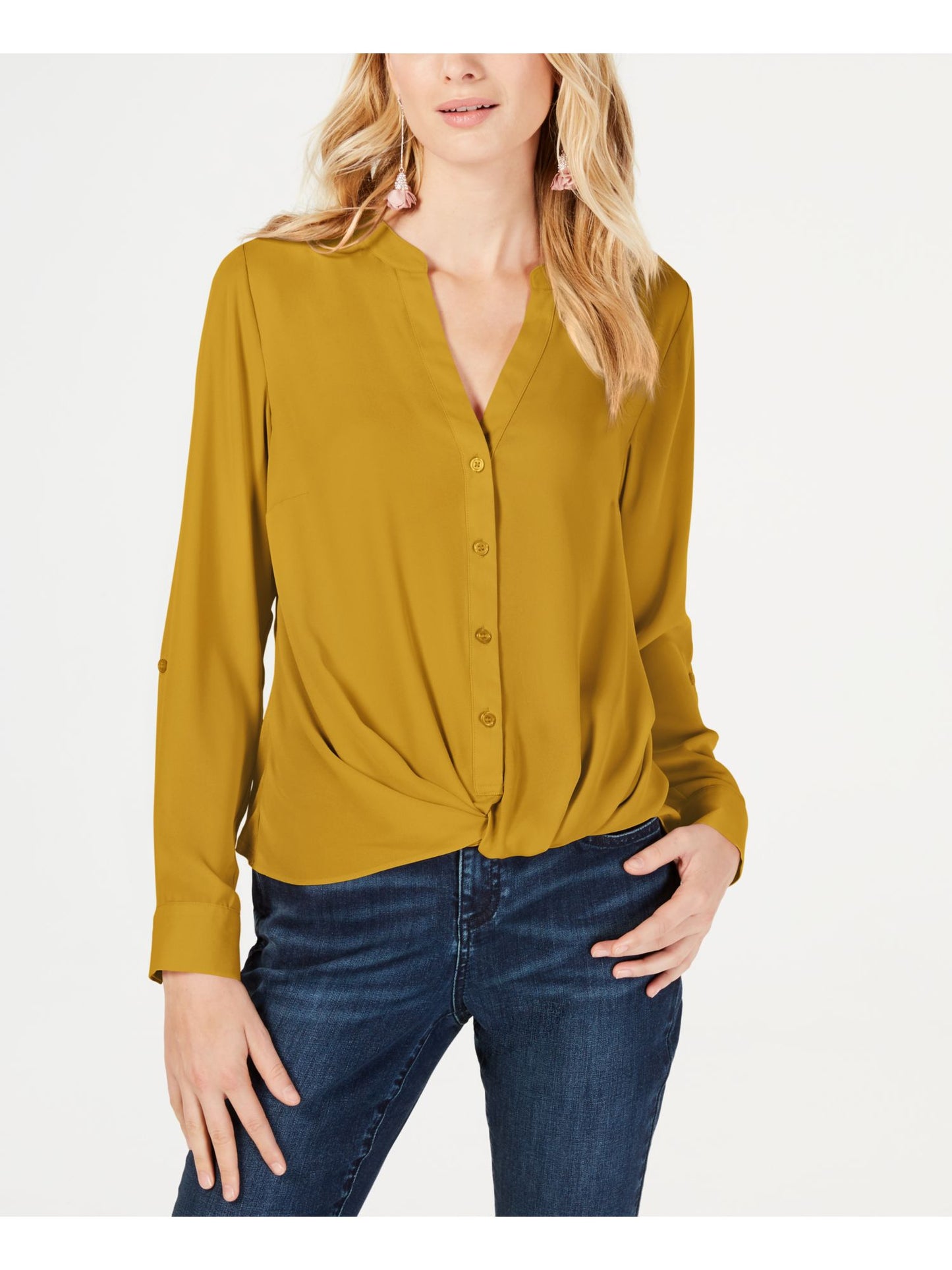 INC International Concepts Women's Solid Cuffed V Neck Button up Top Yellow Size Petite Small
