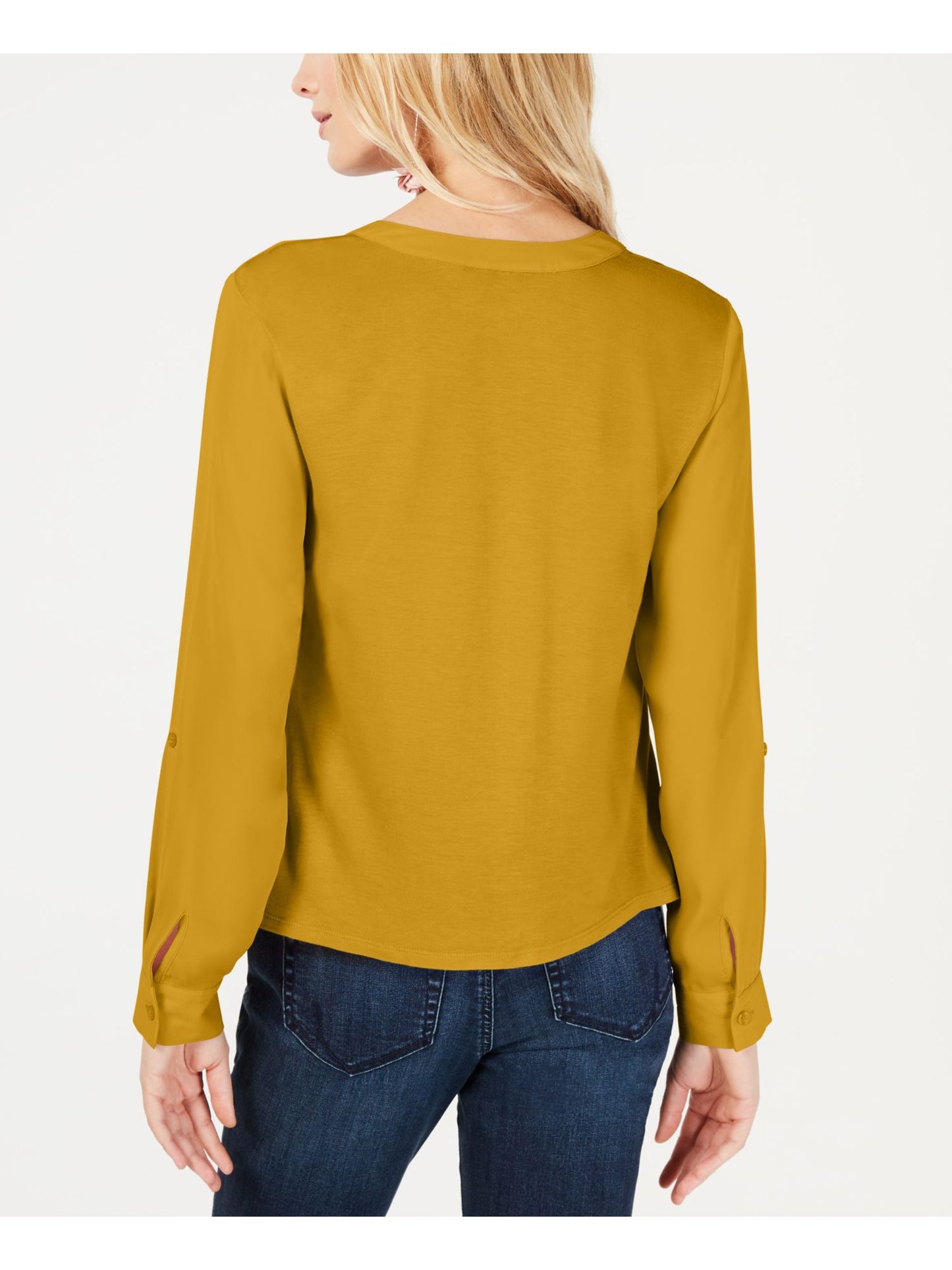 INC International Concepts Women's Solid Cuffed V Neck Button up Top Yellow Size Petite Small