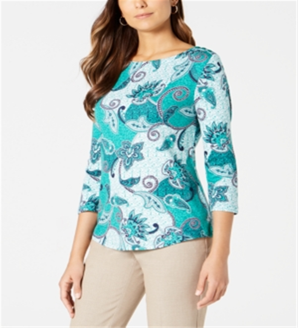 Charter Club Women's Printed Cotton 3/4 Sleeve Top Green Size XX-Large