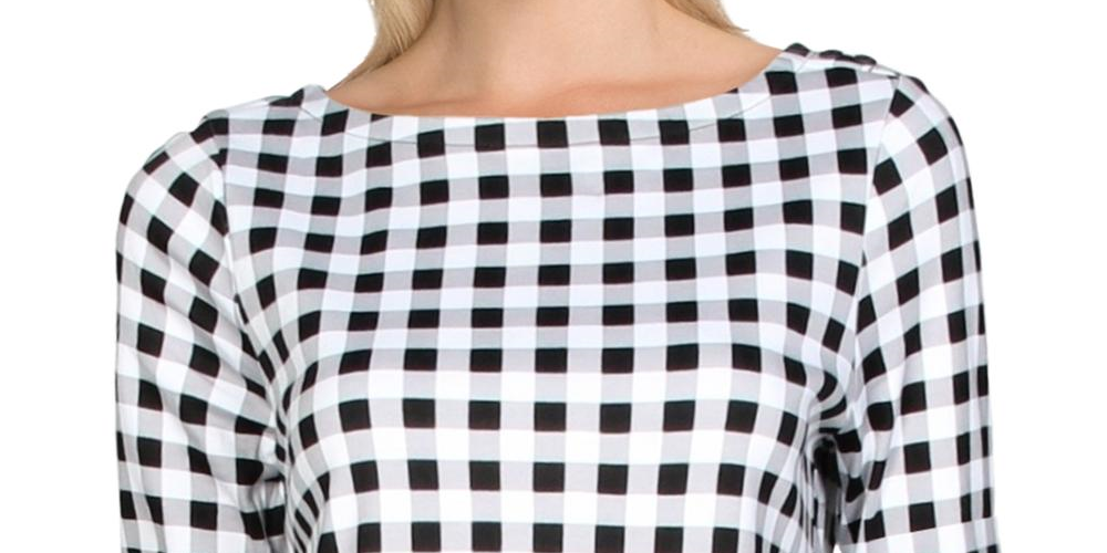Charter Club Women's Cotton Gingham Print Boat Neck Top Black Size Medium