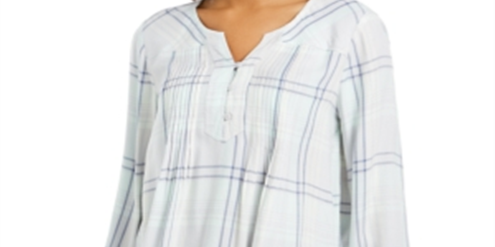 Style & Co Women's Plaid Split Neck Top Mint Size Medium