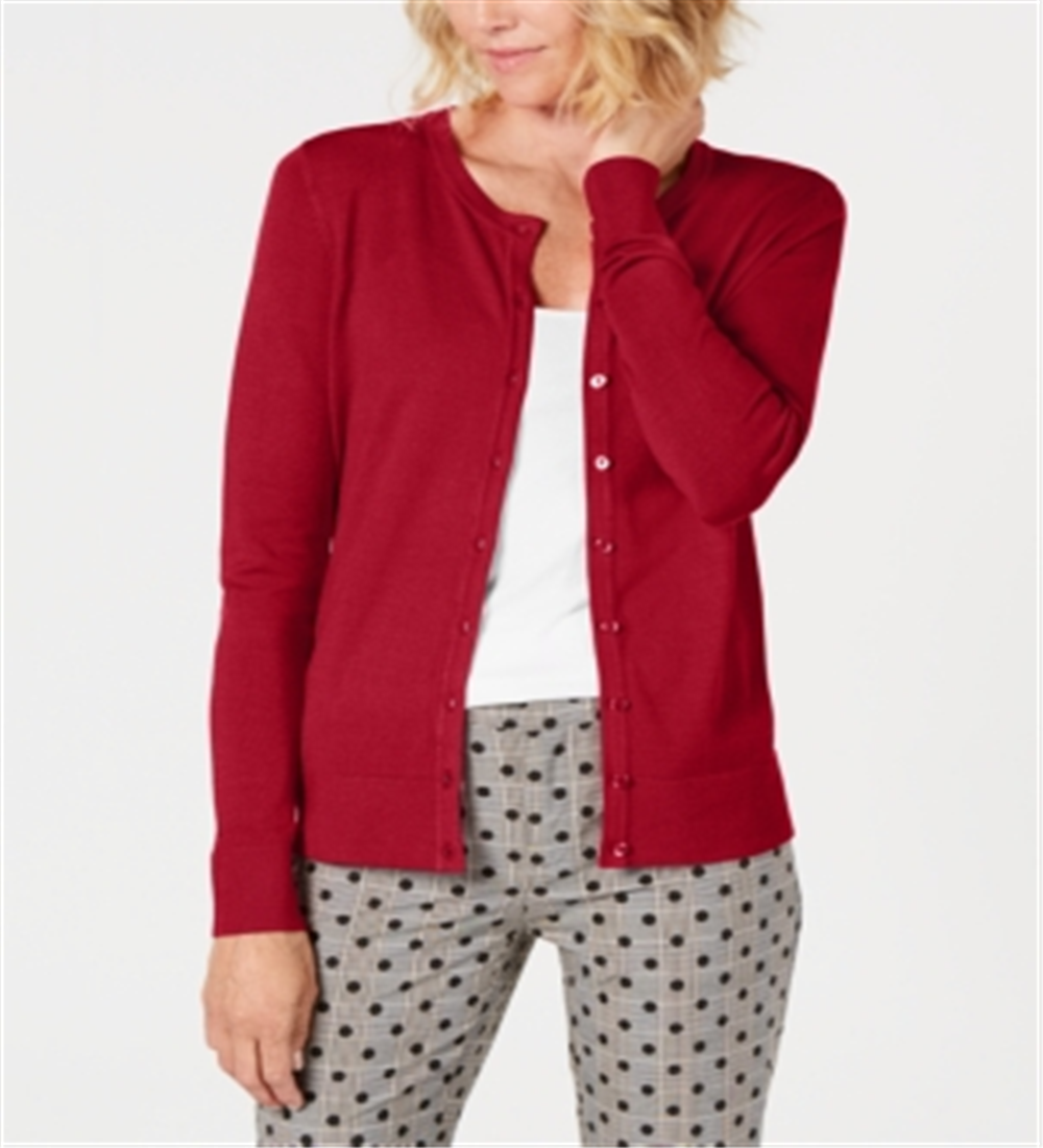 Charter Club Women's Crewneck Cardigan Red Size Petite