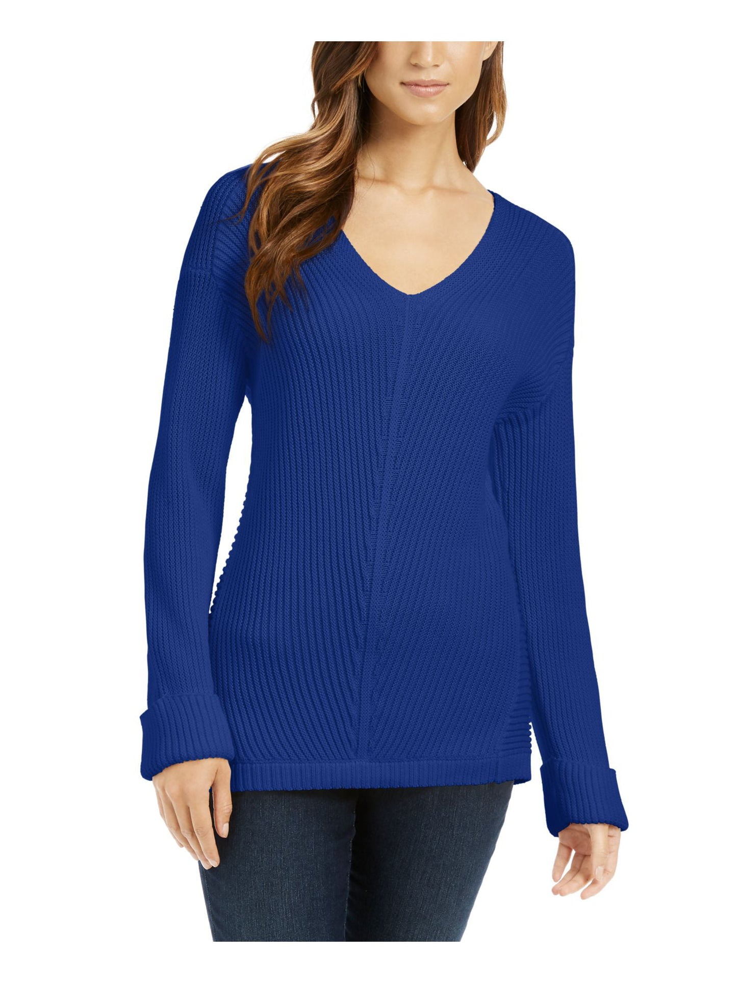 Charter Club Women's Textured Solid Long Sleeve V Neck T-Shirt Sweater Blue Size XX-Large