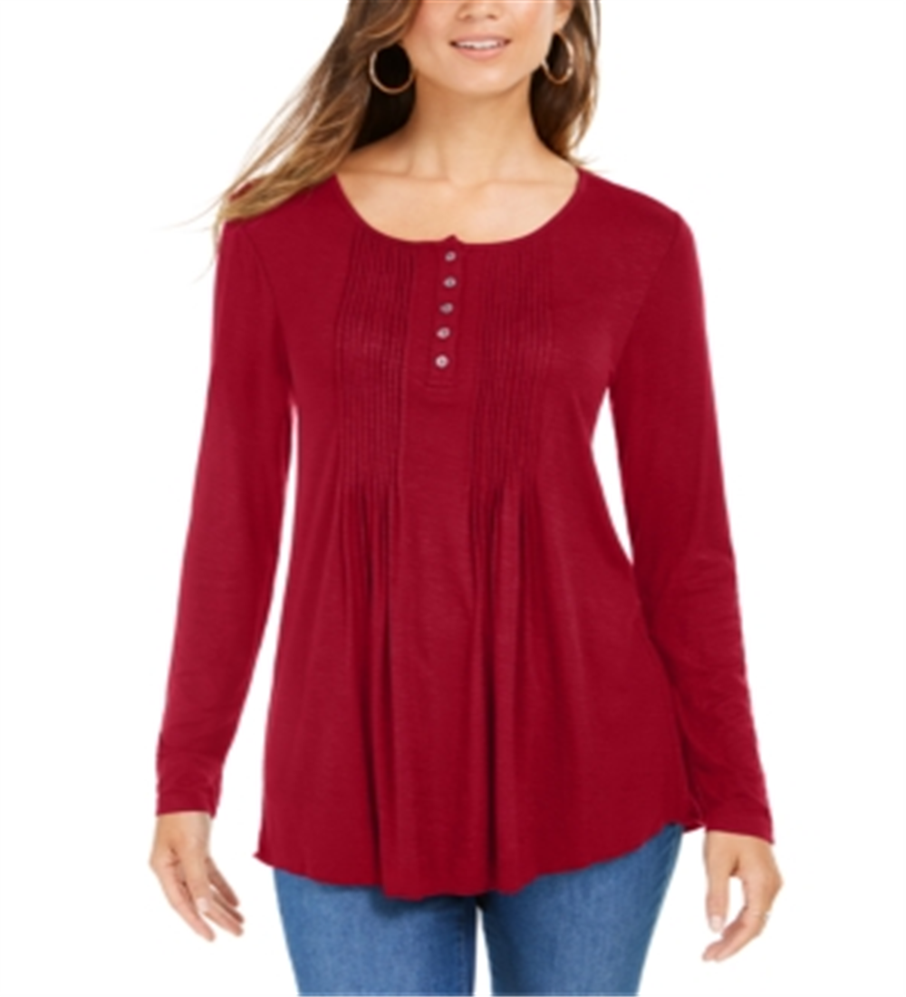 Style & Co Women's Long Sleeve Pintuck Top Red Size Small
