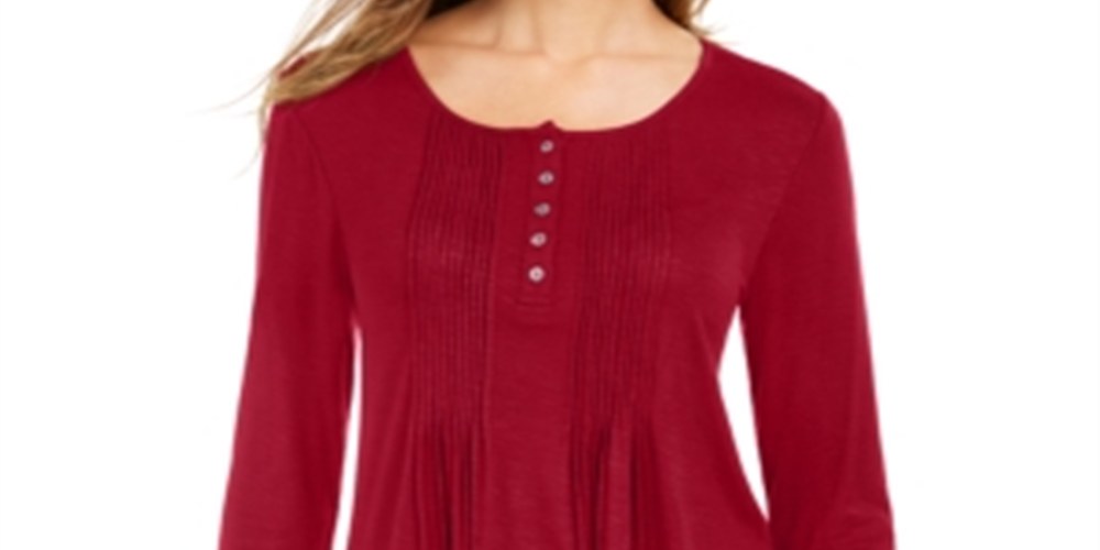 Style & Co Women's Long Sleeve Pintuck Top Red Size Small