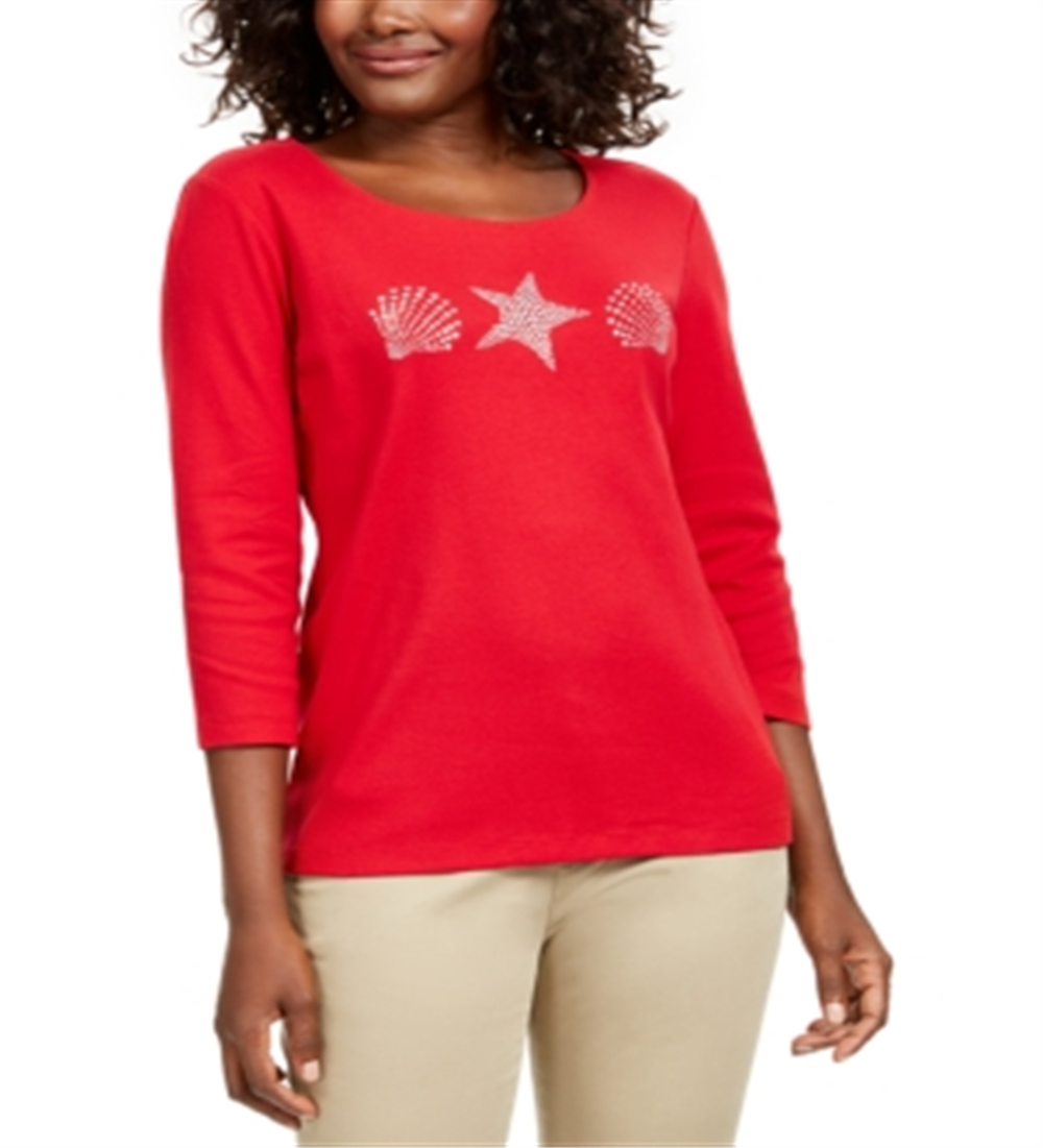 Karen Scott Women's Shell Graphic Top Red Size -Petite L