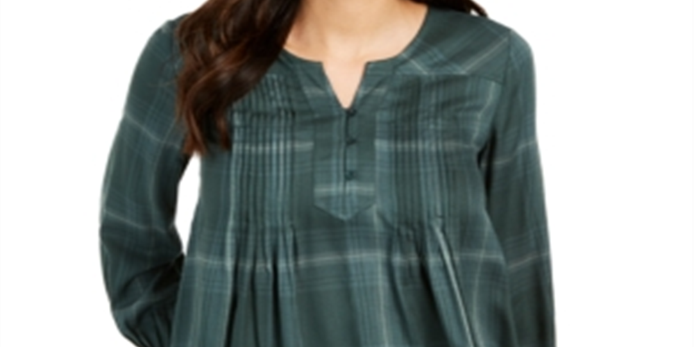 Style & Co Women's Plaid Split Neck Top Green Size Small