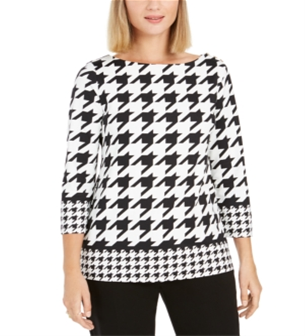 Charter Club Women's Houndstooth 3/4 Sleeve Top Black Size X-Small