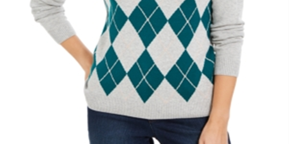 Charter Club Women's Argyle Crewneck Sweater Green Size X-Large