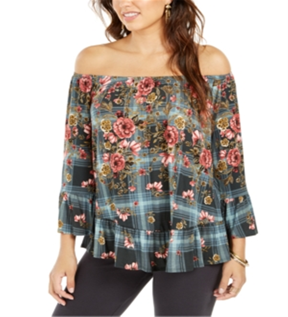 Style & Co Women's Printed Off the Shoulder Top Green Size XX-Large