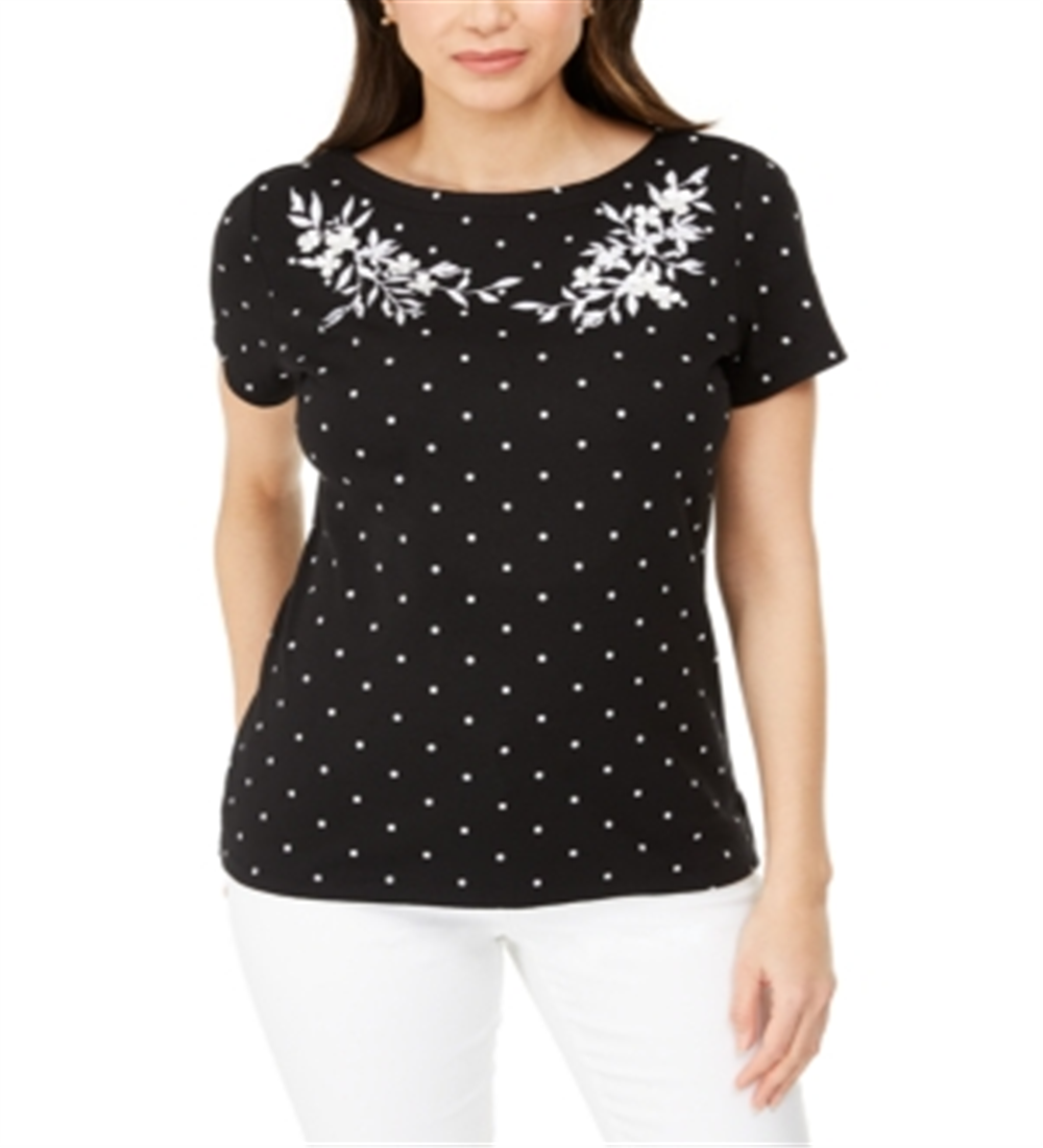 Karen Scott Women's Printed Embroidered Boat Neck Cotton Top Black Size Medium