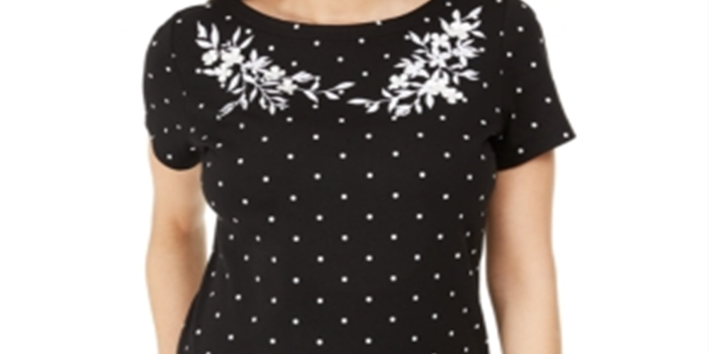 Karen Scott Women's Printed Embroidered Boat Neck Cotton Top Black Size Medium