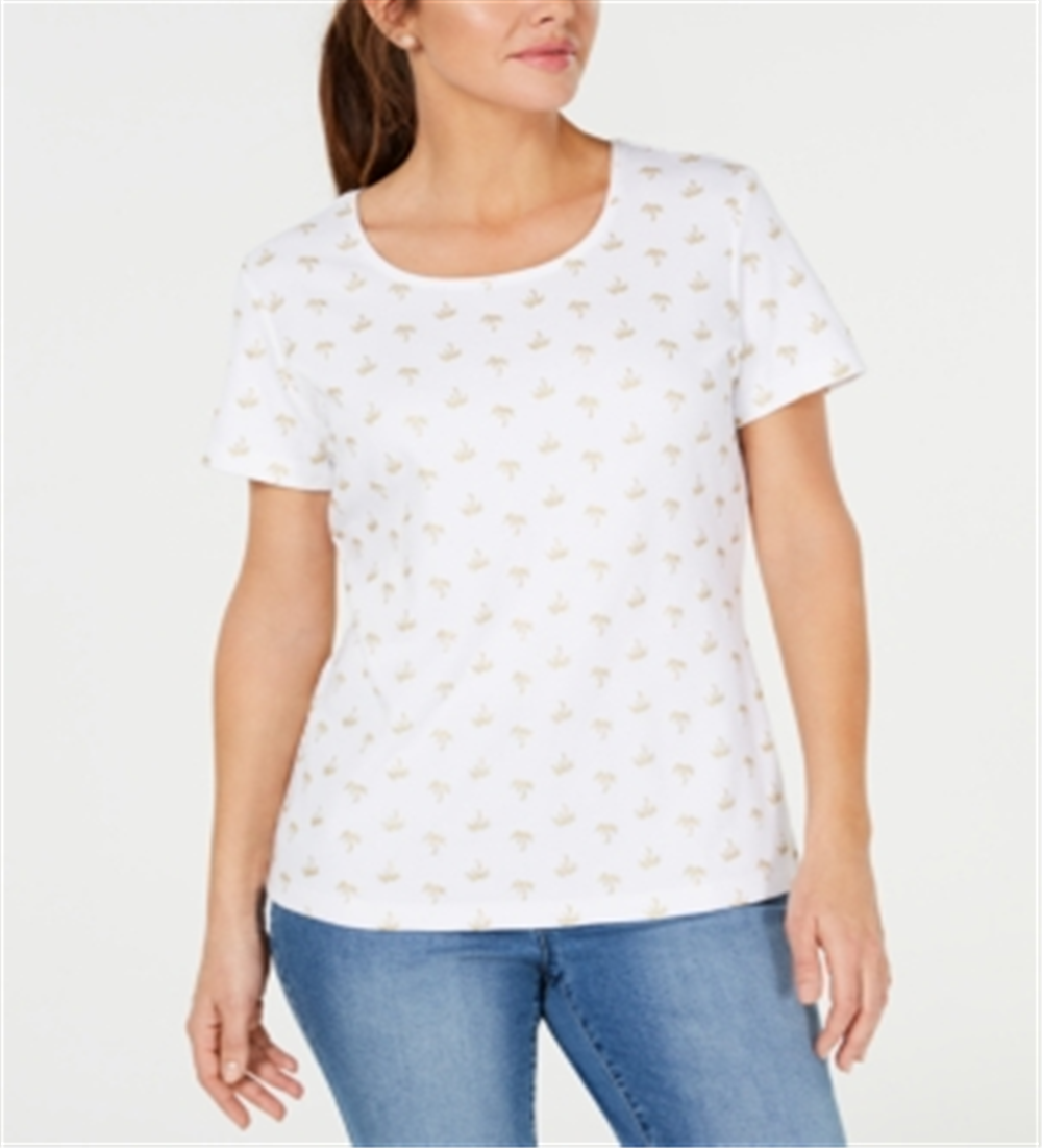 Karen Scott Women's Sparkle Palms Printed Top White Size Petite L