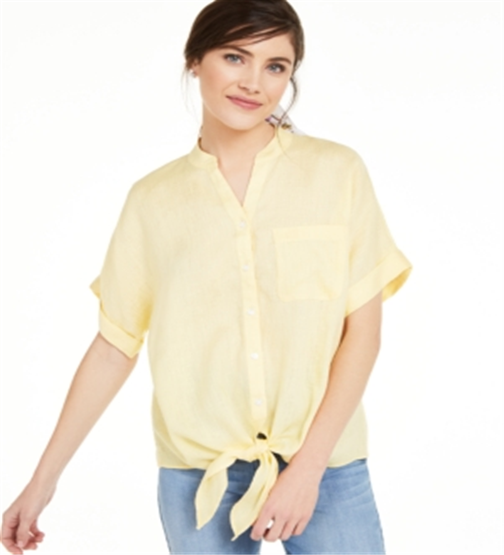 Charter Club Women's Linen Tie Front Button up Shirt Yellow Size X-Large