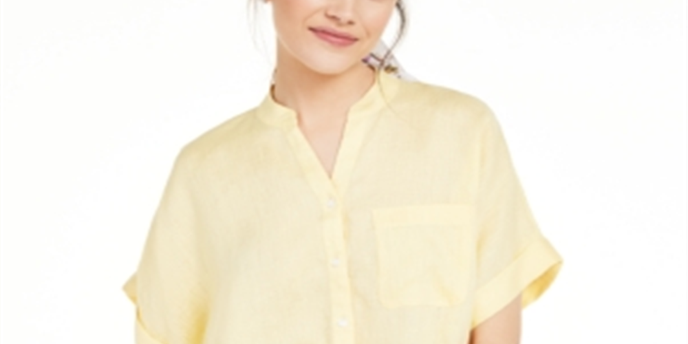 Charter Club Women's Linen Tie Front Button up Shirt Yellow Size X-Large