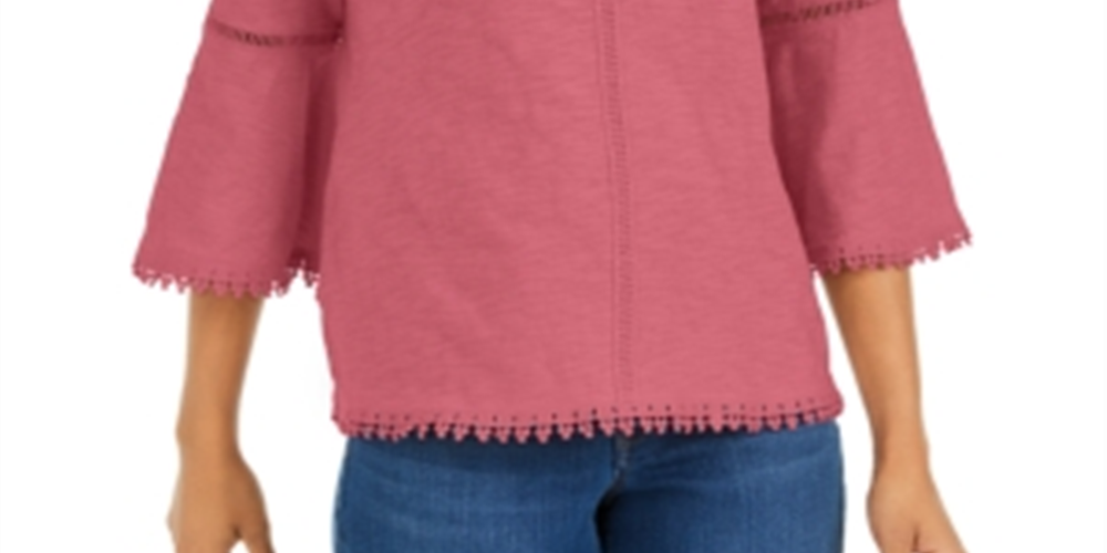 Style & Co Women's Crochet Trim Bell Sleeve To Pink Size Small