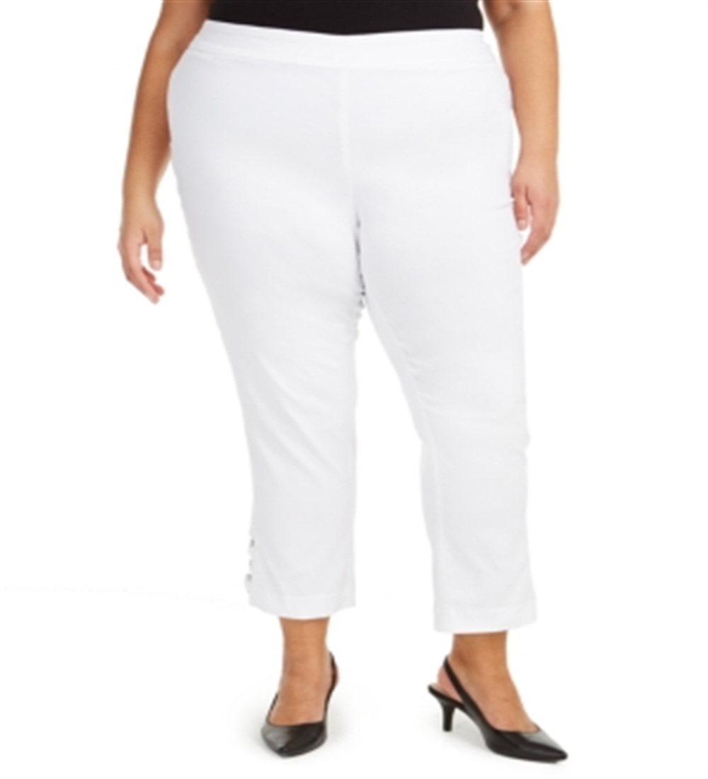 JM Collection Women's Plus Tummy Control Hardware Trim Slim Ankle Pants White Size 14W