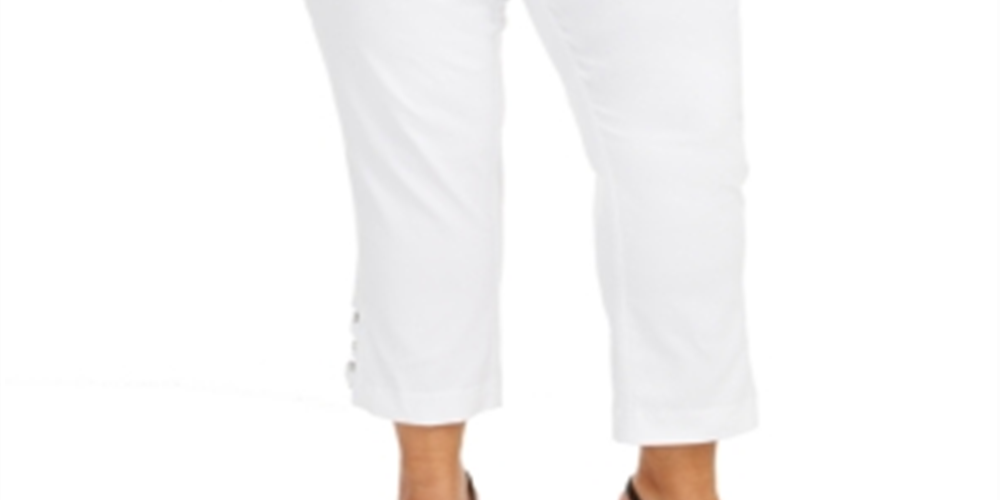 JM Collection Women's Plus Tummy Control Hardware Trim Slim Ankle Pants White Size 14W