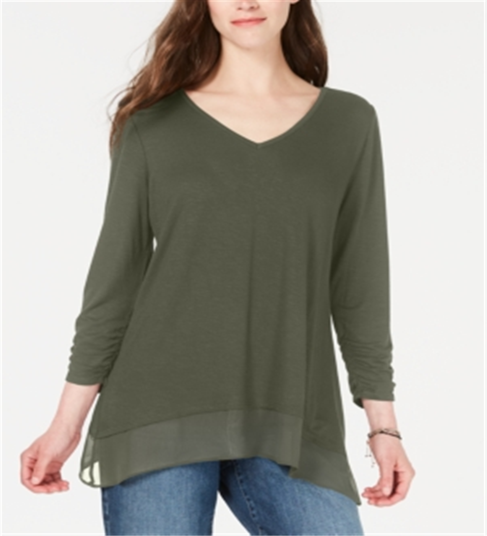 Style & Co Women's V Neck Chiffon Hem Top Green Size Small