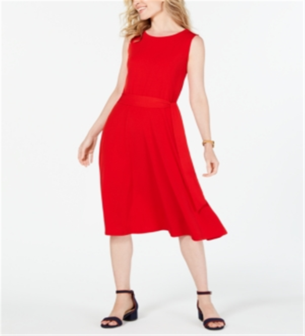 Charter Club Women's Tie Waist MIDI Dress Red Size X-Large