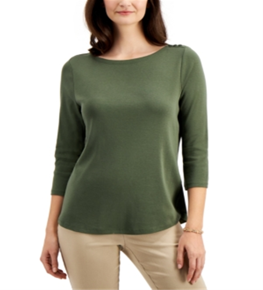 Charter Club Women's Pima Cotton Boat Neck Button-Shoulder Top Green Size Small