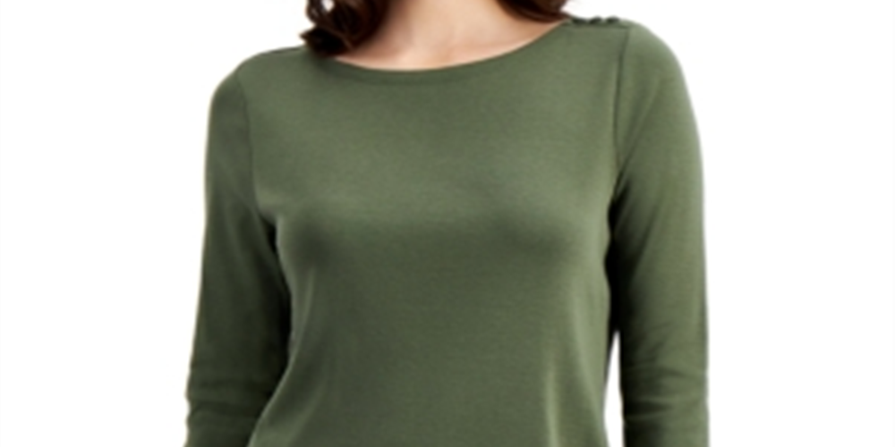 Charter Club Women's Pima Cotton Boat Neck Button-Shoulder Top Green Size Small