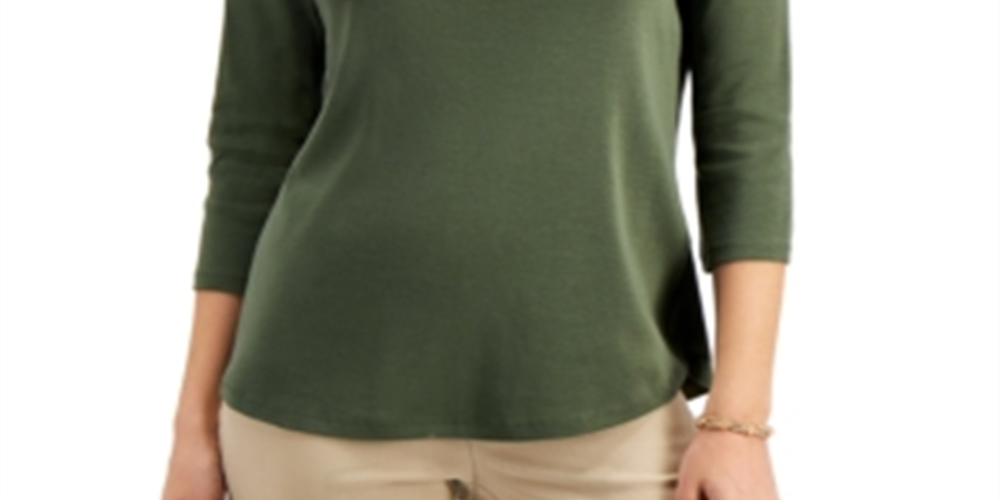 Charter Club Women's Pima Cotton Boat Neck Button-Shoulder Top Green Size Small