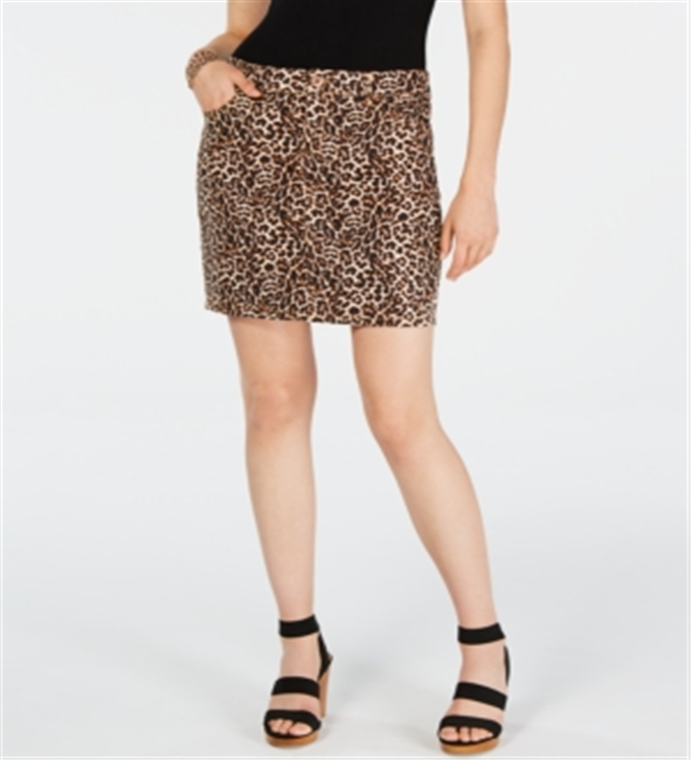 INC International Concepts Women's Skirt Straight Leopard Print Denim Mini Natural Size 16