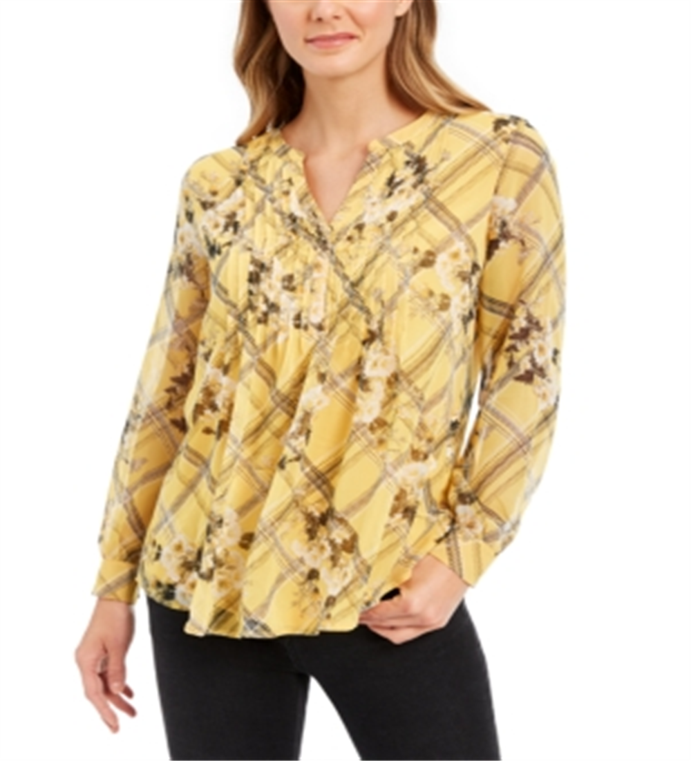 Charter Club Women's Printed Split Neck Top Yellow Size XX-Large