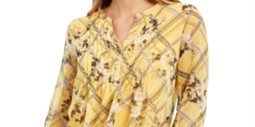 Charter Club Women's Printed Split Neck Top Yellow Size XX-Large