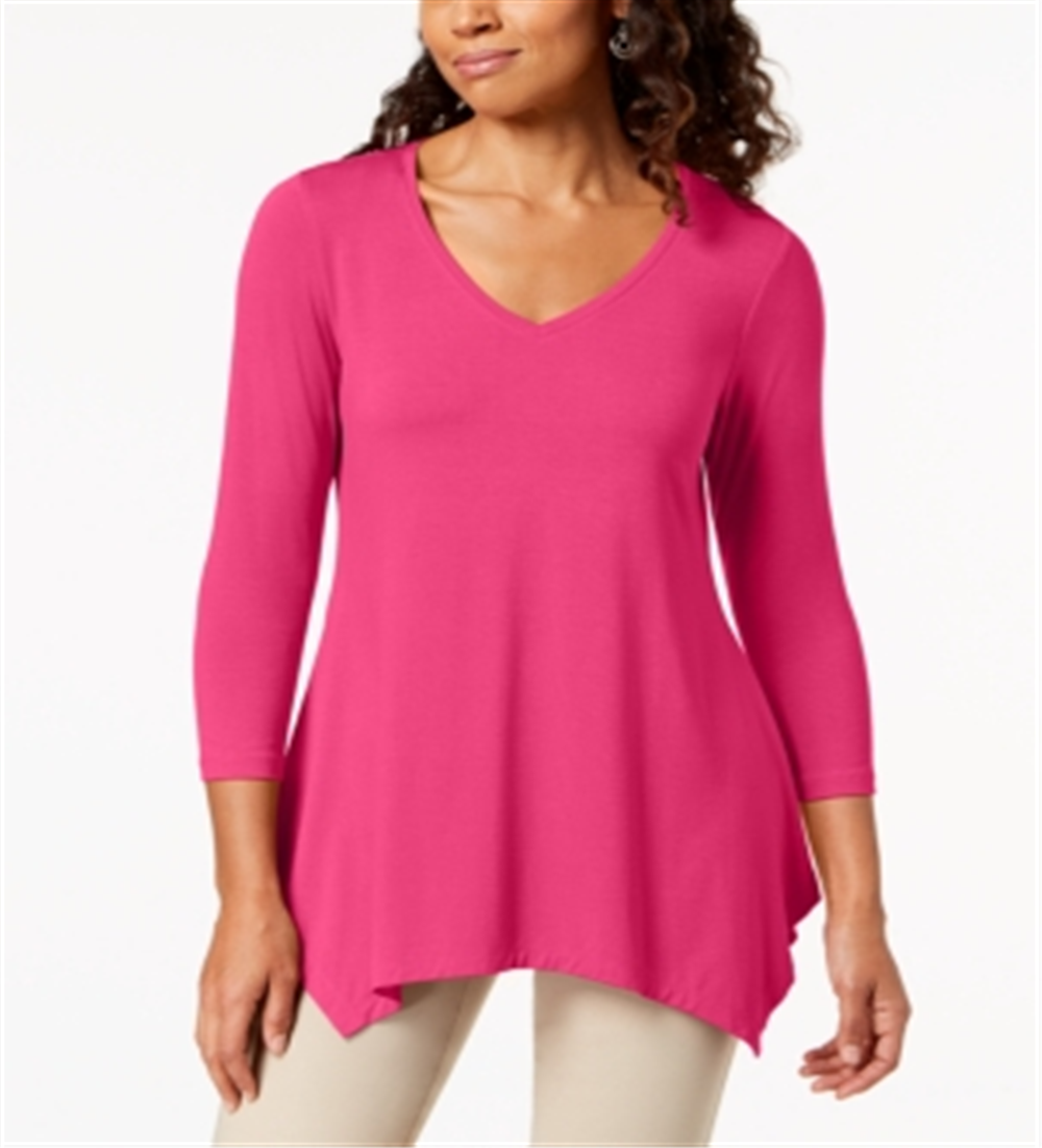 JM Collection Women's V Neck Handkerchief-Hem Top Pink Size Medium