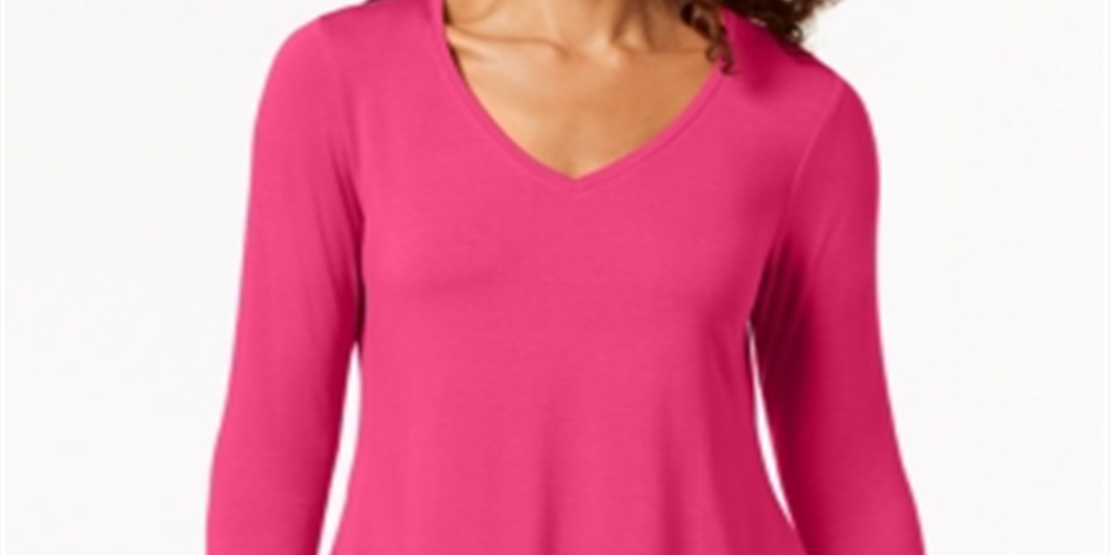 JM Collection Women's V Neck Handkerchief-Hem Top Pink Size Medium