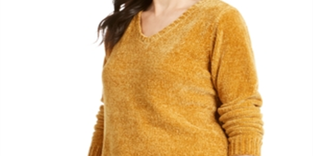 Karen Scott Women's V Neck Chenille Sweater Yellow Size -Petite XL